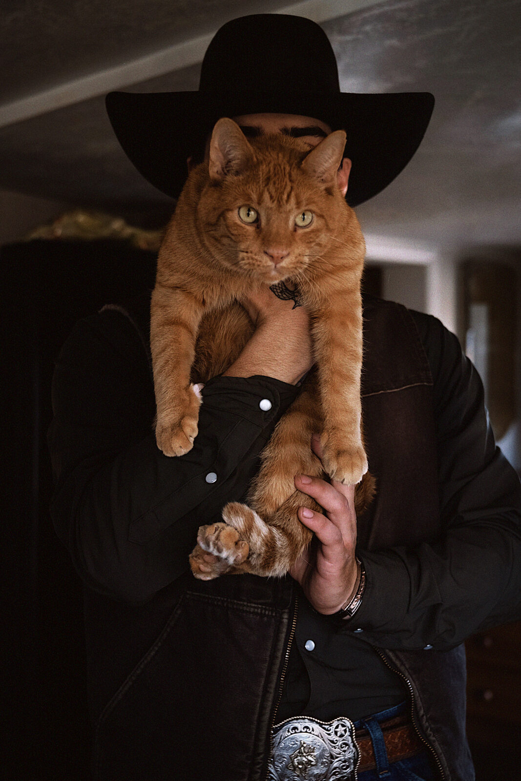 A cowboy holds an orange cat