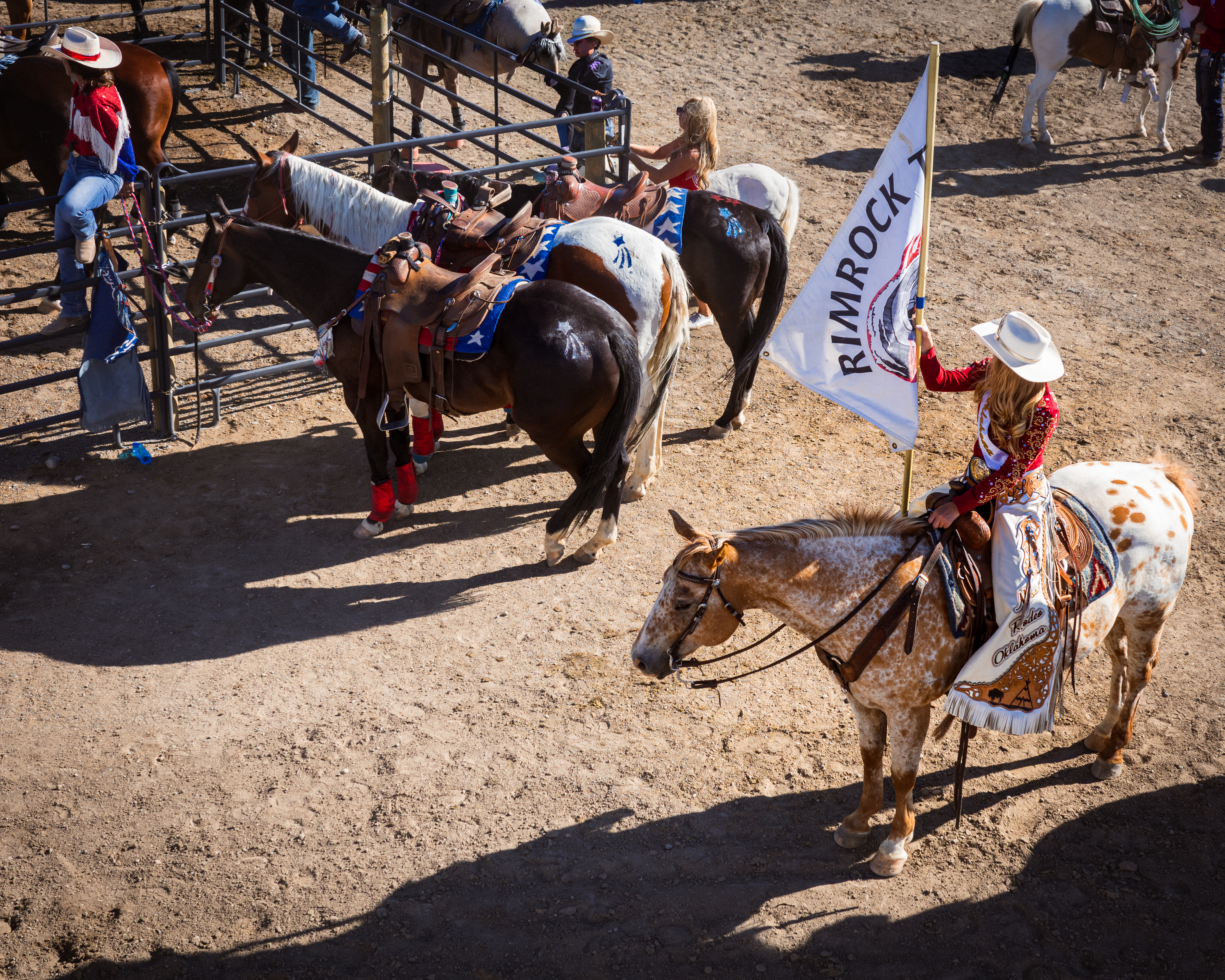 A rodeo queen on a spotted Appaloosa holds a team flag beside a row of saddled horses at the rail